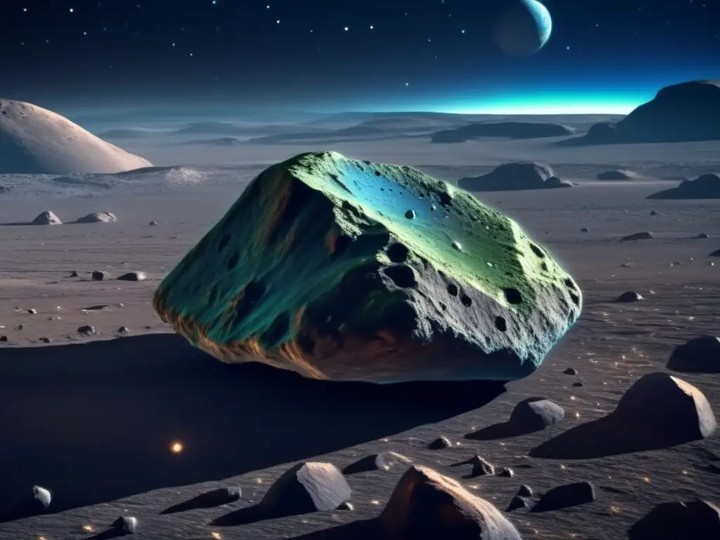 A crevassed asteroid glows with an eerie hue, its metals and rocks starkly visible under a dark sky- a mesmerizing and otherworldly sight