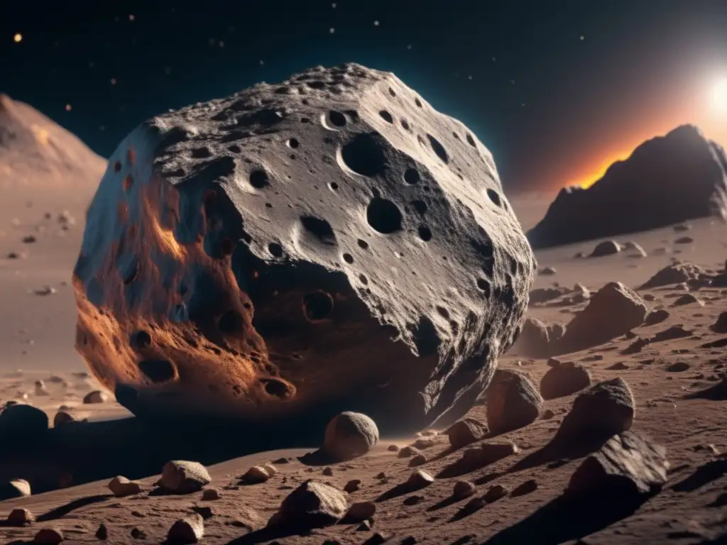 A breathtaking photorealistic depiction of a typical asteroid surface showcases deep grooves, craters, and rocky ridges, capturing the essential beauty of this celestial object