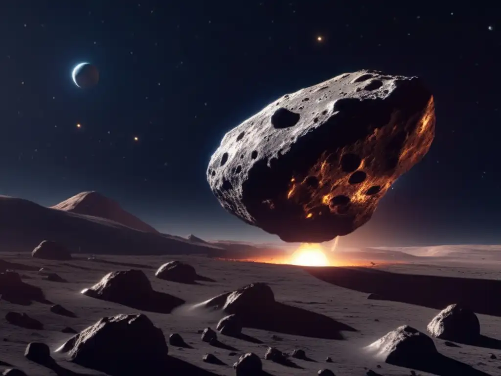 Mysterious Asteroid Revelation: Unveiling a Platform of Space Potential Photorealistic depiction of an asteroid in space reveals a magnified closeup of a floating platform or structure