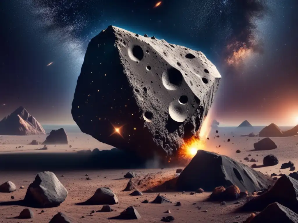 Asteroid: a closeup view of a mysterious, uncharted world with jagged cliffs, intricate surfaces, and a dark crater in the center
