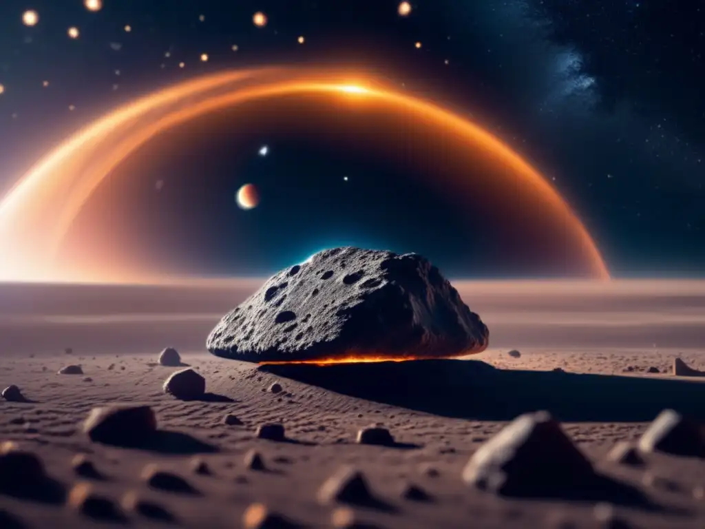 A closeup of an asteroid, intricately detailed with a halo of interstellar dust surrounding it, as seen from a spaceship in a distant corner of the galaxy, evoking a sense of awe and wonder