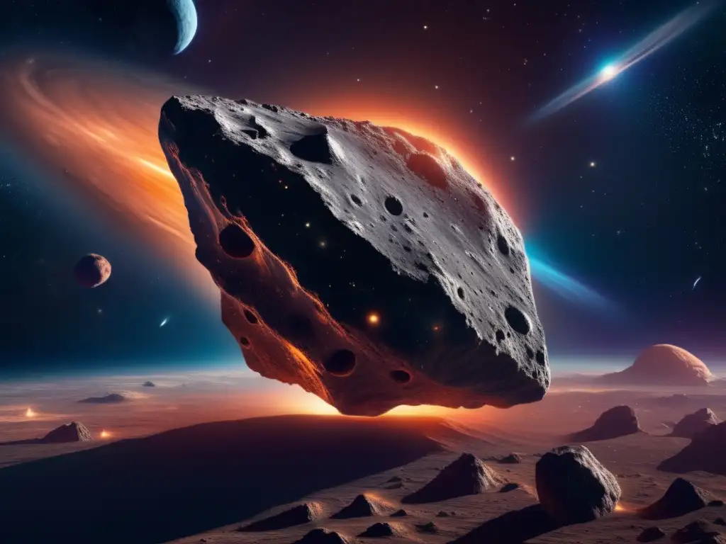 Asteroid Encounter: Spacecraft Descending into the Cosmic Void Durable asteroid meticulously textured with depth, dusty and lifelike