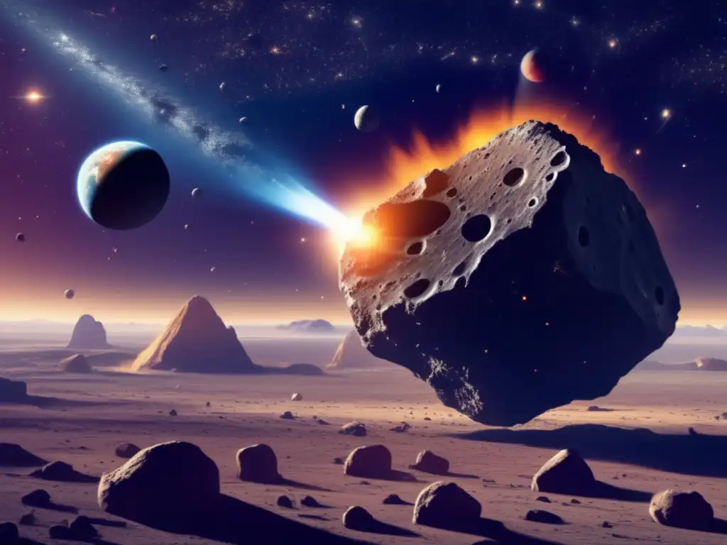 A massive asteroid hurtles through space - Dashing through the cosmos, a colossal asteroid makes its way, leaving a trail of dust and debris behind