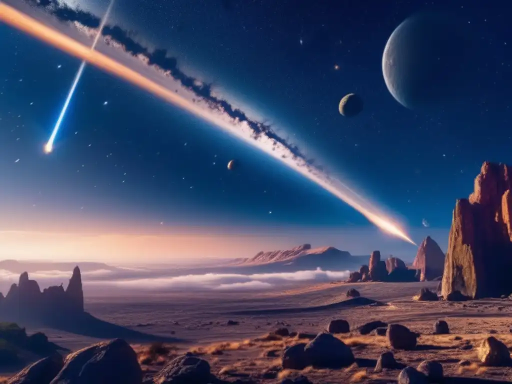 An ethereal image of an open sky filled with clouds, with an asteroid belt in the distance, shimmering in the sun