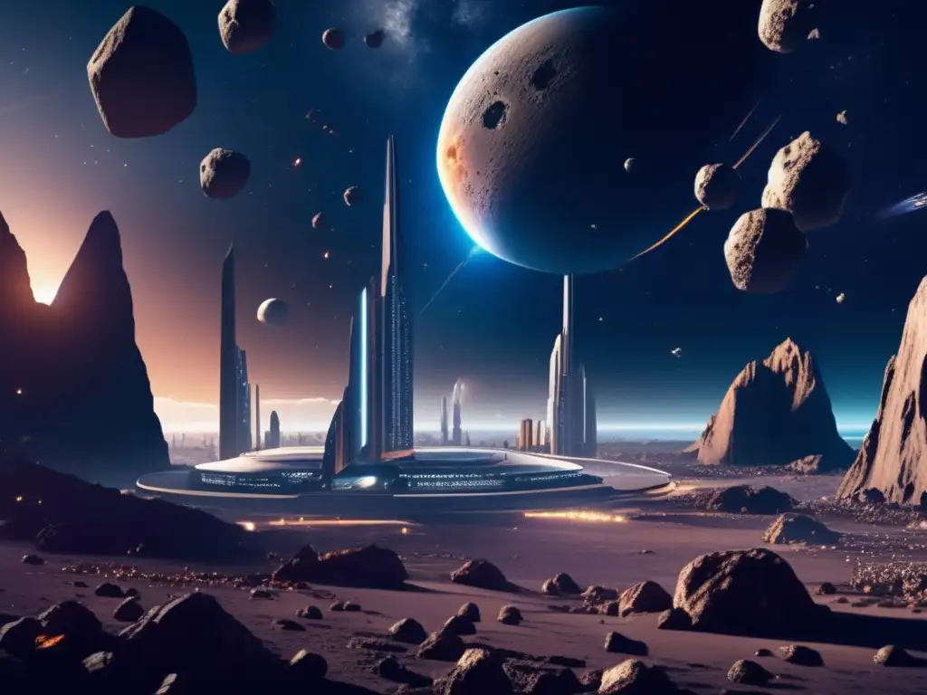Asteroid colony in the depths of space - photorealistic image with futuristic architecture, sleek structures, advanced technology, dramatic lighting