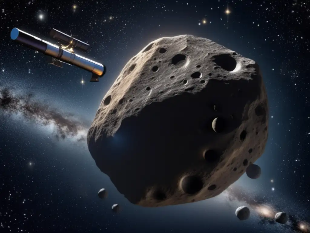 A stunning photorealistic image of a celestial telescope observing Asteroid Telephus, surrounded by a black space pierced with twinkling stars