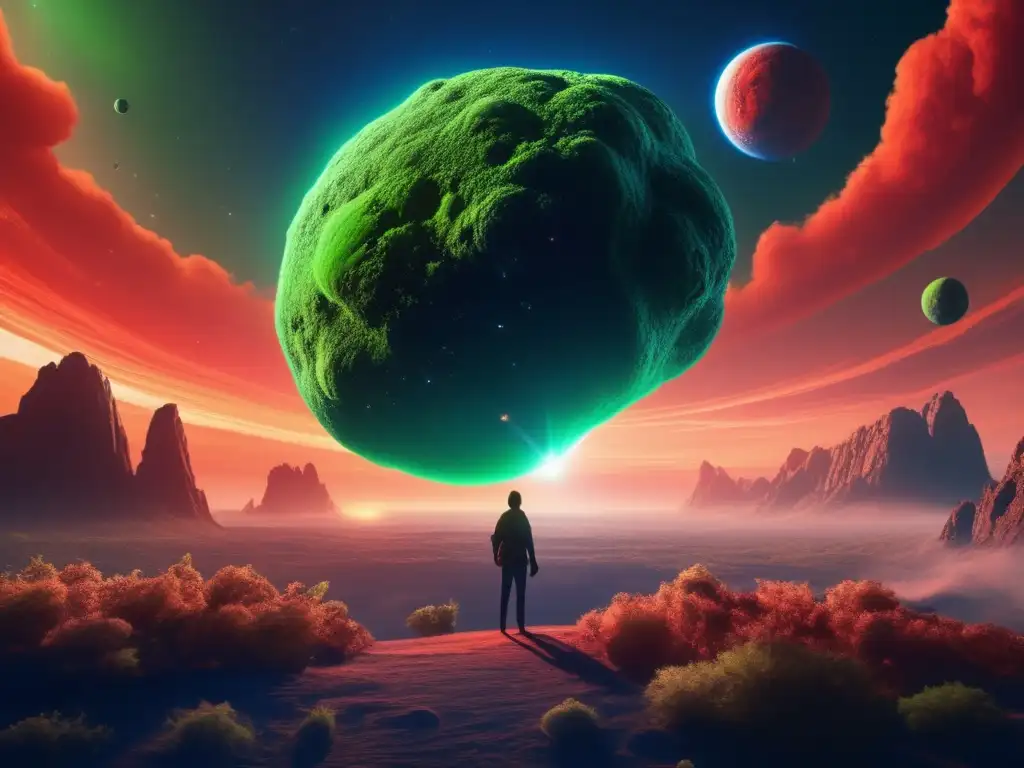 A haunting photorealistic depiction of a green asteroid floating in space, with a human figure desperately clinging onto one of its tendrils