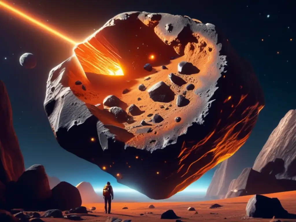 Epic Cosmic Encounter: Asteroids in Distress A large asteroid with intricate surface patterns and deep chasms, the rocky texture and jagged edges of the composition shining in a warm orange glow