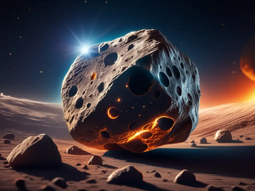 Reach Out to the Asteroid: Intricate Closeup of Textured Surface Dash - A breathtaking closeup of the asteroid, fully lit by the sun, showcases its intricate surface features and textures, inviting one to reach out and touch it, the keyword is '