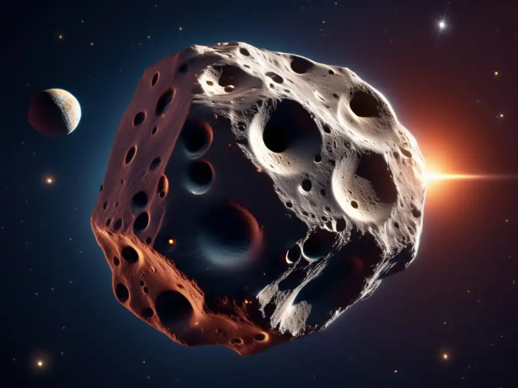 Marvel at the mesmerizing, photorealistic image of an asteroid in space, reflecting the sun's light on its rocky surface