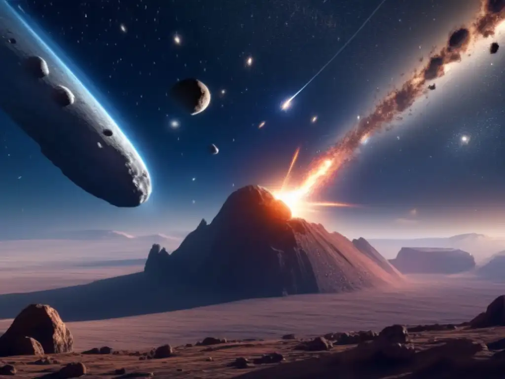 A mesmerizing photorealistic image of Asteroid Thetis, with a stunning meteor shower falling from behind