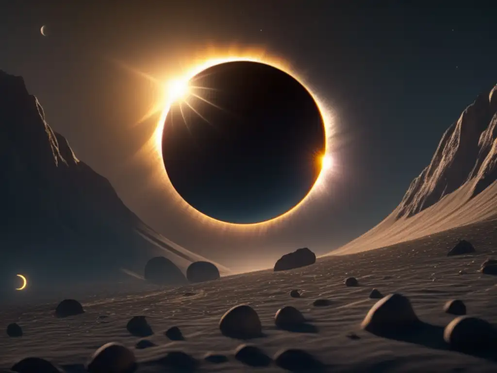 A breathtaking solar eclipse on Asteroid Thisbe, captured in stunning 8k ultra-detailed photorealistic style