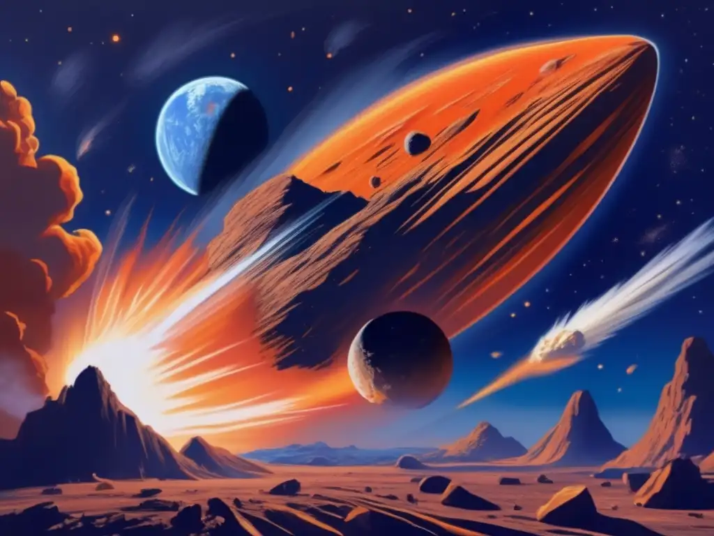 A vivid asteroid streaks across the dark blue Earth sky, tearing through the atmosphere with debris and smoke in tow