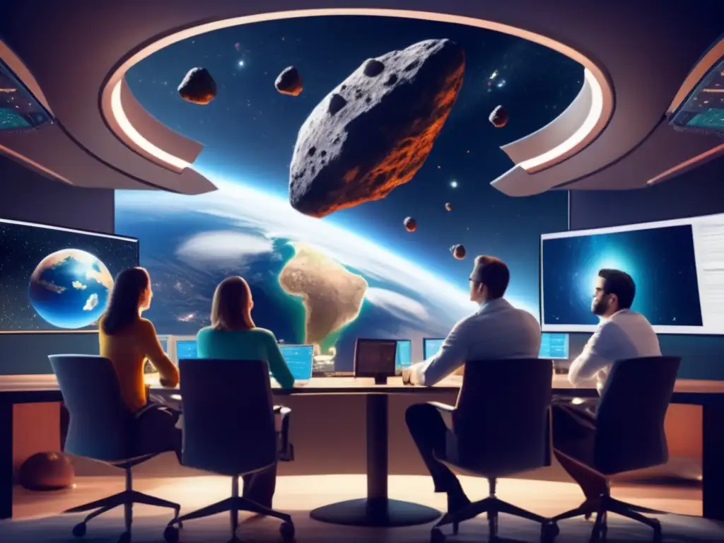 Asteroid War: Earth's Cluster of Threats and Collaboration from Space A photorealistic image of Earth from space with a cluster of asteroids orbiting around, one is larger and brighter, indicating a potential threat
