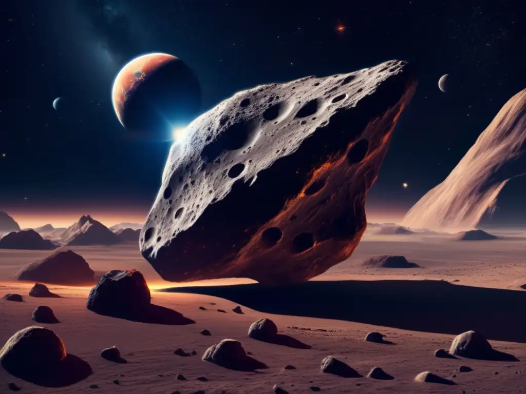 A photorealistic depiction of a looming asteroid, with intricate details and textures, floating ominously in the vast expanse of space