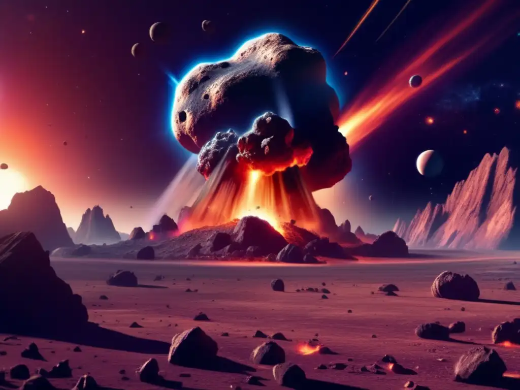 Asteroid Apocalypse: Sunlit Destruction and Chaos in a Photorealistic Image An ominous rock looms in the distance as sunlight illuminates its jagged surface, casting shadows on the planet below