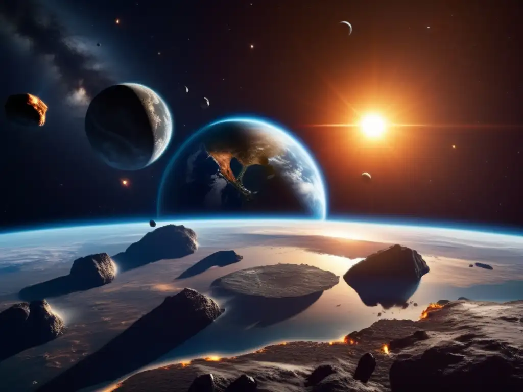 A photorealistic depiction of Earth's orbit around the Sun with asteroids nearby, emphasizing the Asteroid Threat in the Novel Review