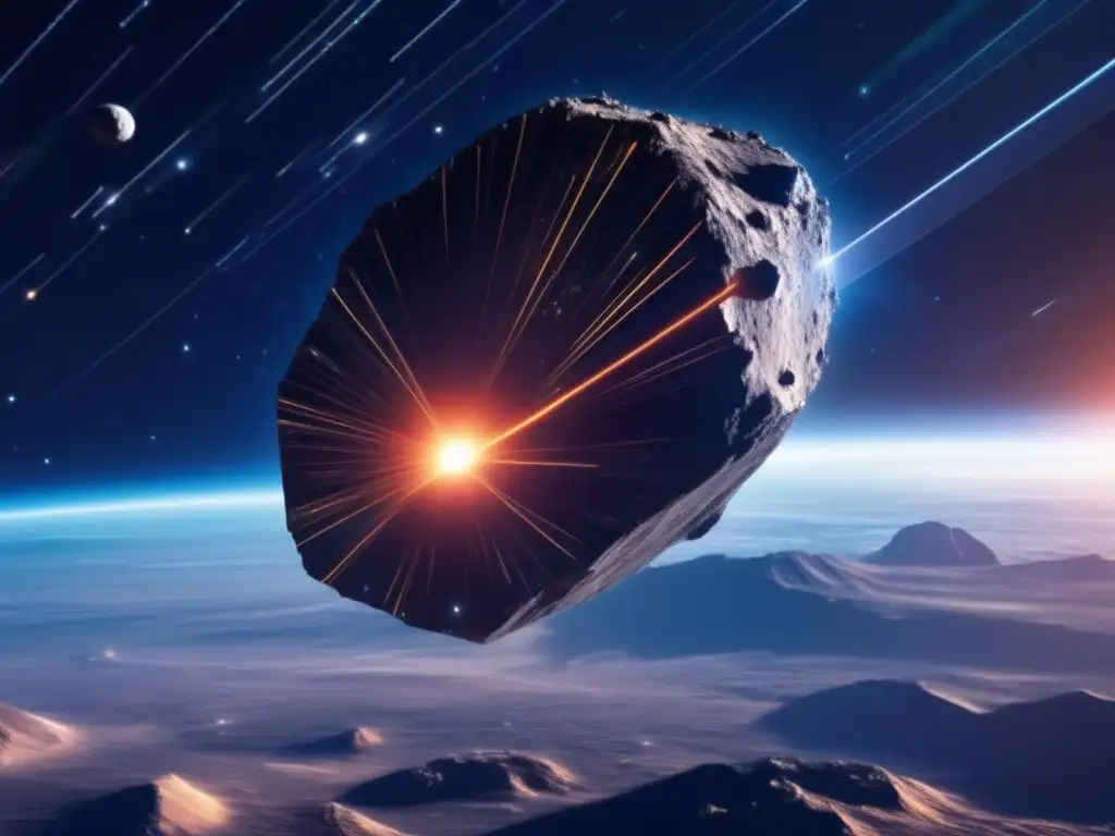 A life-sized asteroid illuminates against the starry cosmos, imbued with a sense of tension and excitement