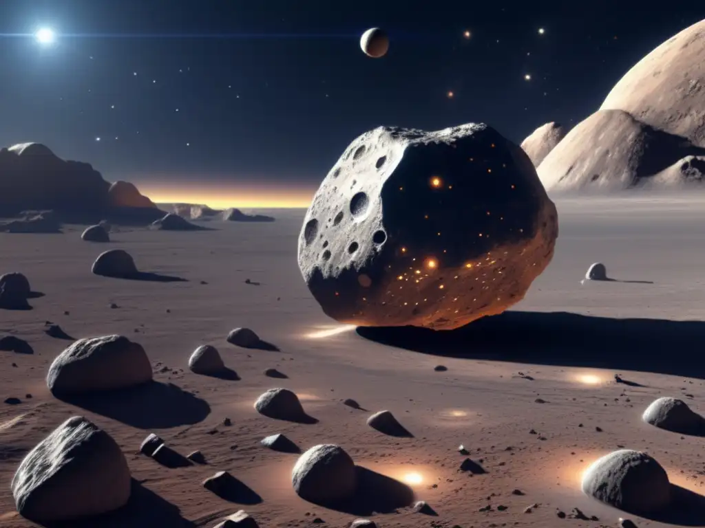 A photorealistic image of an asteroid in space being tracked by a complex network of telescopes and computer programs