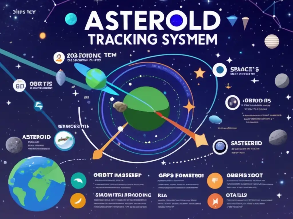 An intricate space map with multiple stars representing asteroids, each one carefully tracked by an advanced asteroid-tracking system