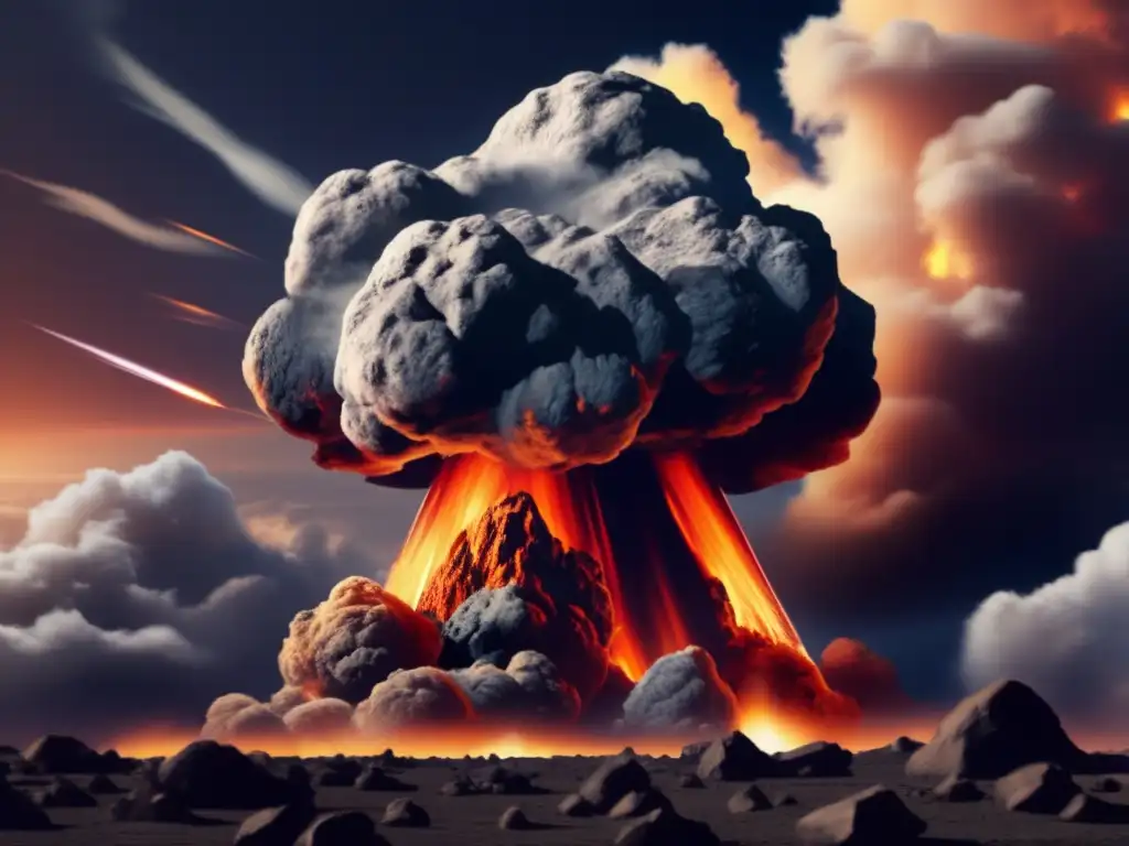 Asteroid Blasts Through the Sky: A Photorealistic Closeup Asteroid blazes through the starry night sky, leaving a path of destruction in its wake