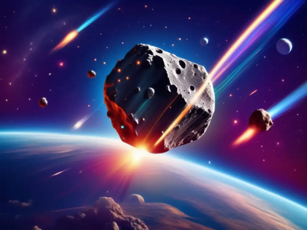 Majestic Asteroid with Vibrant Veins Orbits Earth A breathtaking image of a magnificent asteroid zooming through space, leaving a wondrous trail of shimmering meteors in its wake