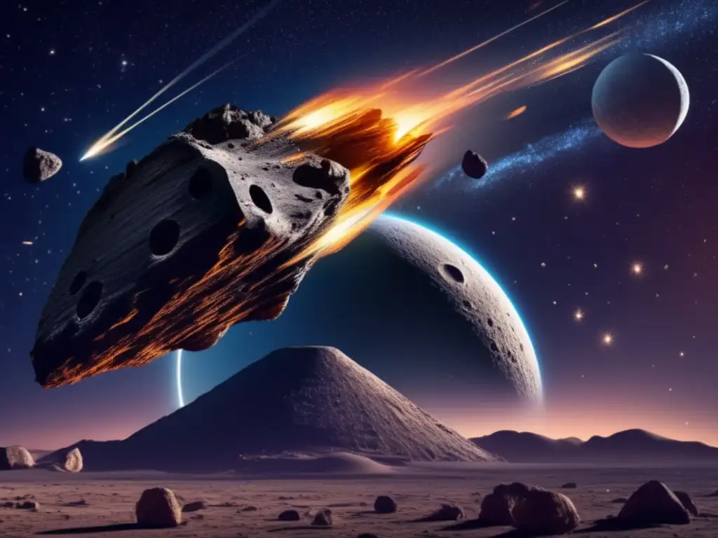 Asteroid Streaks Through Night: A Photorealistic Tribute to Spanish Mythology An breathtaking photorealistic depiction of a speeding asteroid, its dusty trail lighting up the sky as it races past a crescent moon's soft, gentle beam