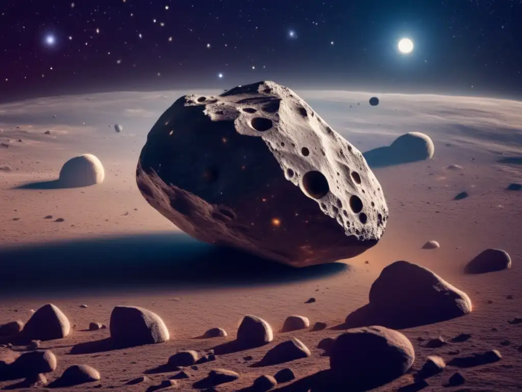 A breathtaking highresolution image of an asteroid, with jagged, visible craters and boulders against a vast cosmic backdrop