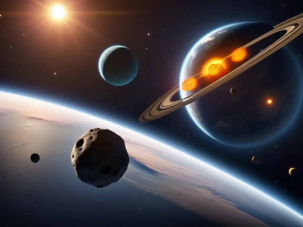 An edge-of-your-seat depiction of a Hohmann transfer orbit featuring an asteroid's industrial, textured surface