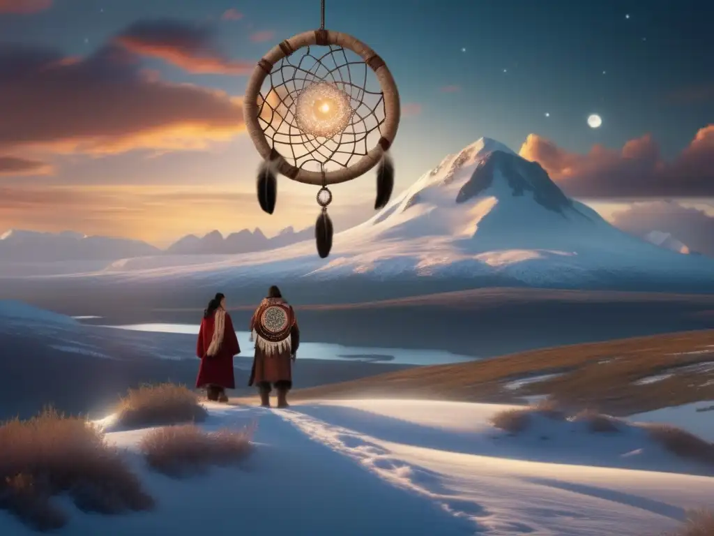 In the Alaskan tundra, indigenous people stand in traditional gear against the awe-inspiring visual of a gigantic asteroid looming above them