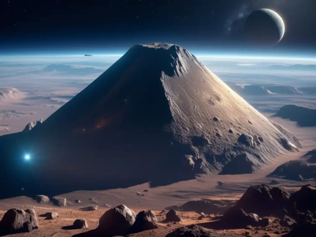 A grandeur asteroid rising towards the unknown, its jagged cliffs casting shadows over the dark vastness of space