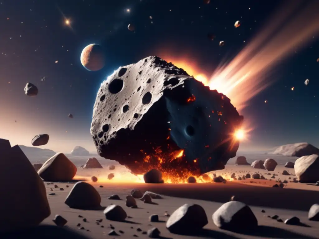 Asteroid Defense: Caught in the Shock Waves A breathtaking photorealistic depiction of an asteroid, in stark contrast to the surrounding cloud of debris, in space