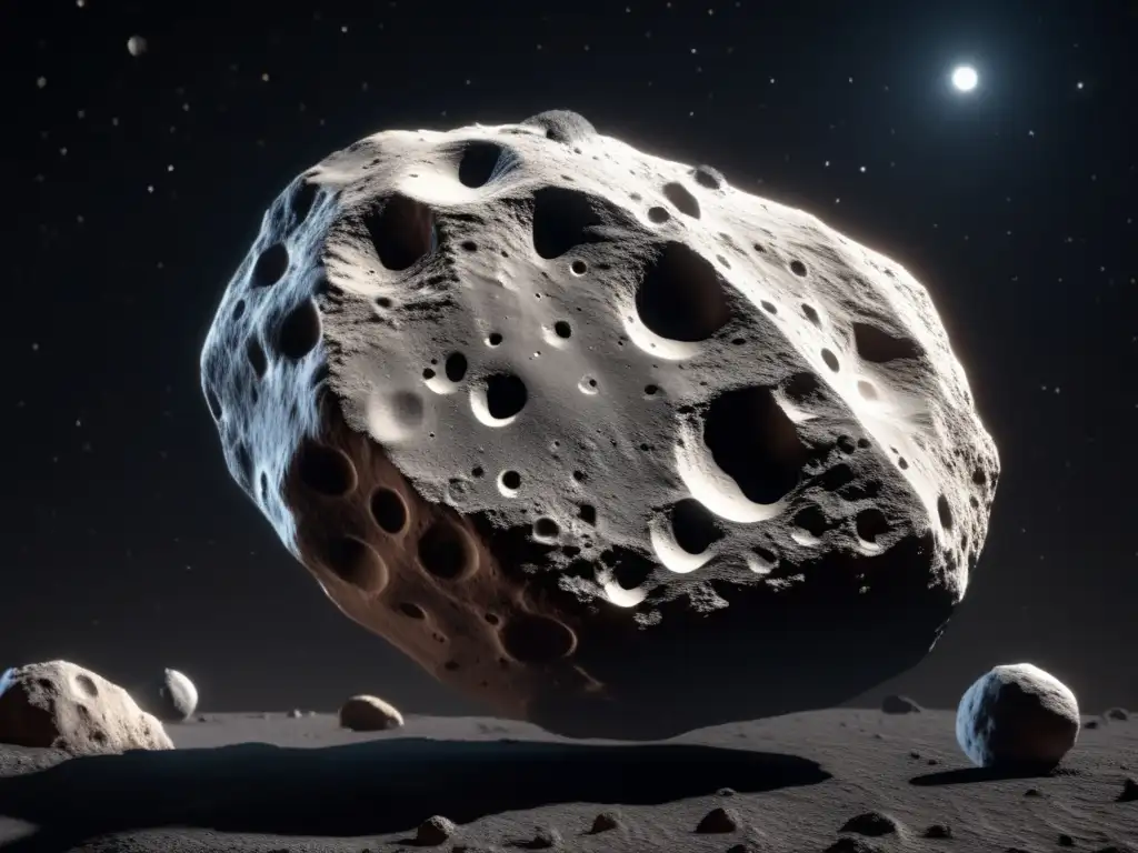 A mesmerizing photorealistic image of an asteroid, with a white surface and visible craters and pits, floating in space with a black background