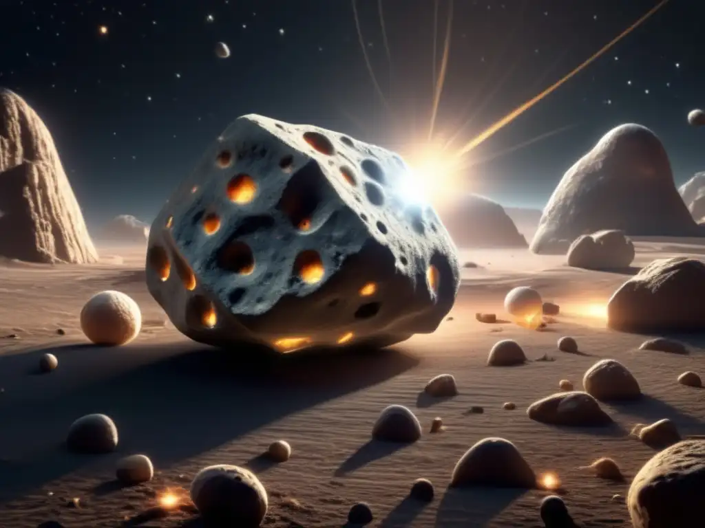 An ethereal, photorealistic image of a gray asteroid with distinct craters emanating an iridescent glow