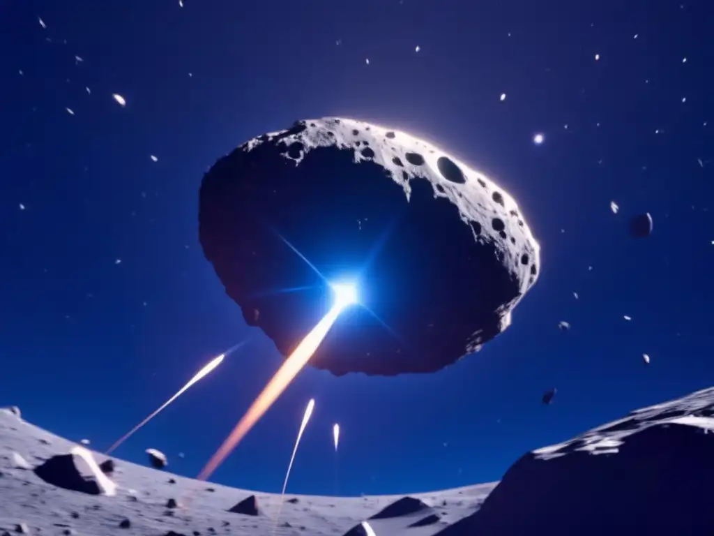 The image depicts a mysterious black, circular asteroid with jagged edges floating in the deep blue expanse of space