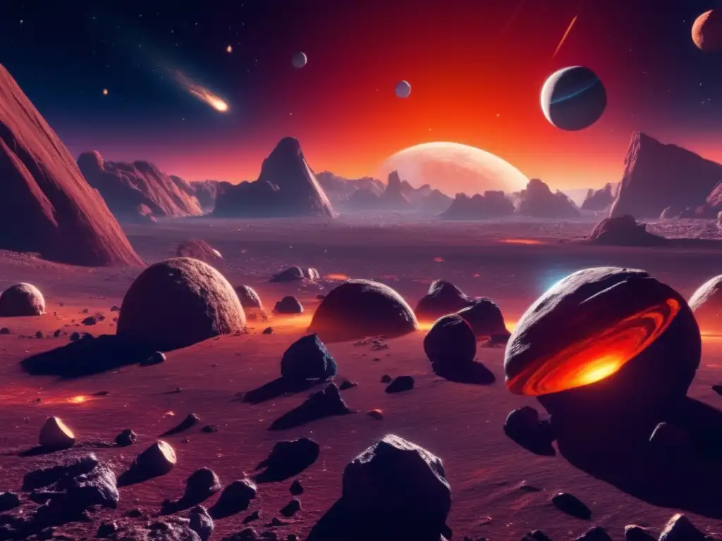 A vibrant planet with dynamic red and orange swirls graces the sky, suspended atop a colossal asteroid