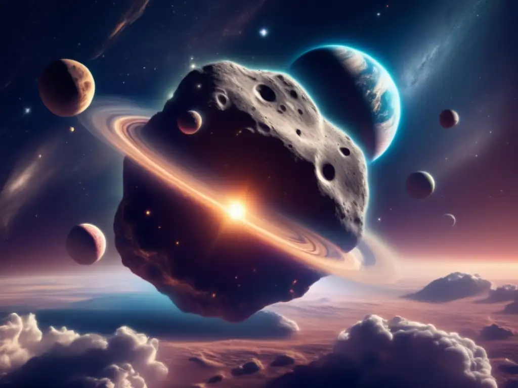 Dashing Through the Cosmos: A Hypnotic Asteroid Photo-Realism An awe-inspiring photograph of an asteroid hovering in space with intricate details on its surface, emanating a soft, ethereal glow
