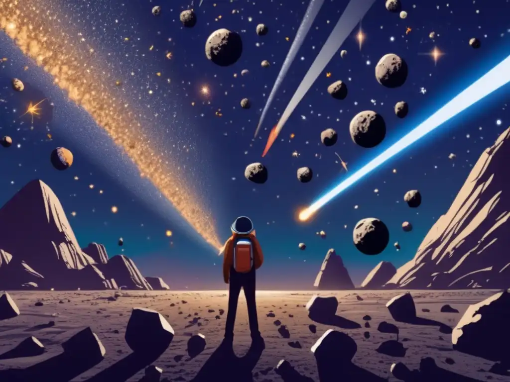 A breathtaking image of a person standing amidst a sea of asteroids, their eyes wide with wonder as they gaze upward at the starry sky