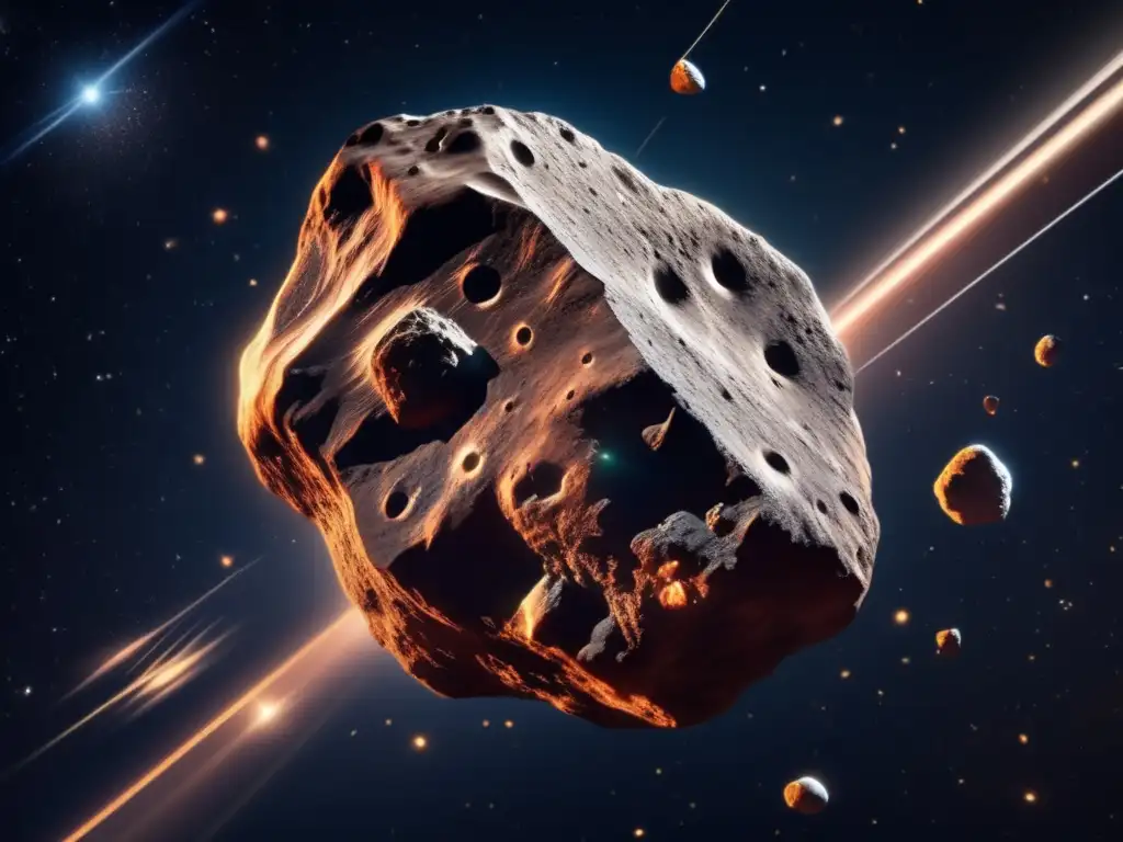 Photorealistic Asteroid Hurtling Through Space A photorealistic image of an asteroid streaking through space, its intricate surface details illuminated by cosmic dust trails
