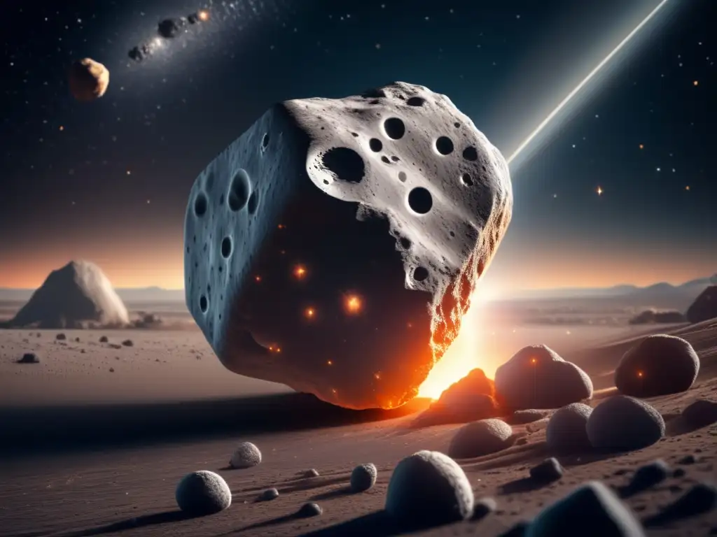 Epic Asteroid Up Close: Photorealistic Digital Illustration with Soft Focus An asteroid's jagged exterior and intricate details are magnified by the zooming camera against a starry backdrop in a photorealistic digital illustration