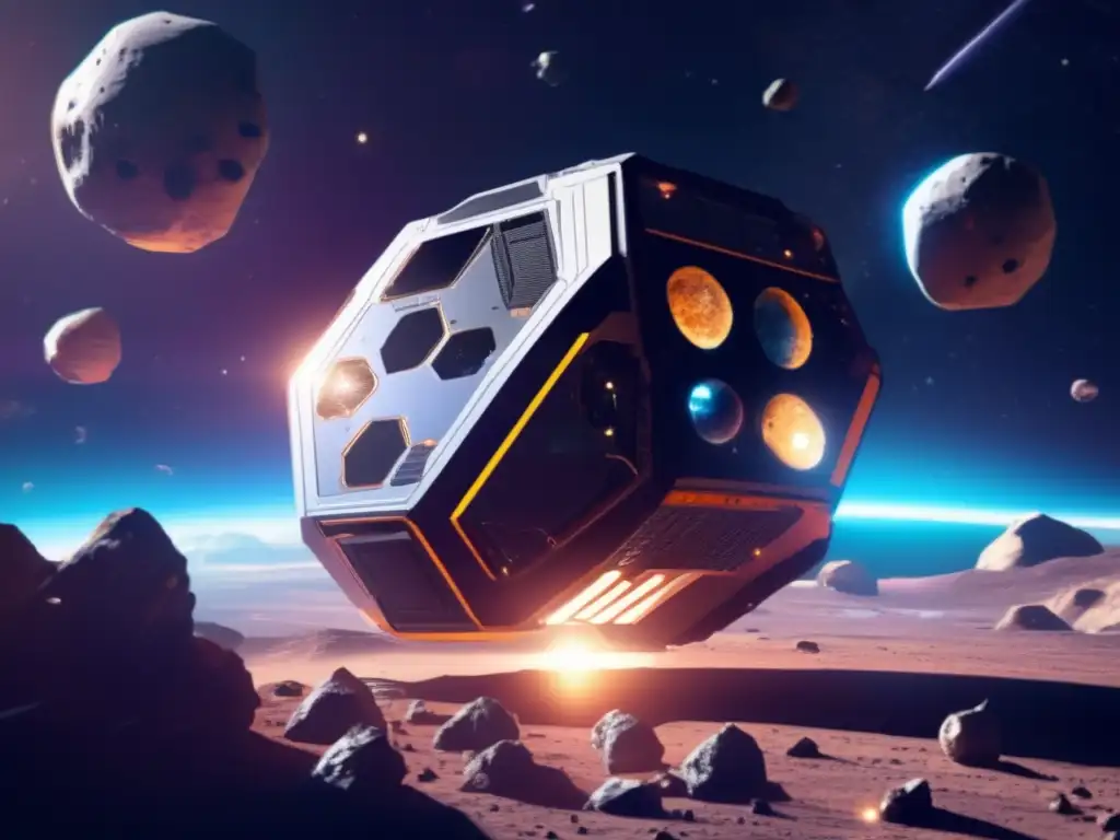 Futuristic asteroid mining in space station, fully equipped with advanced technology such as deep space drills, asteroid harvesters, solar panels, and space elevators