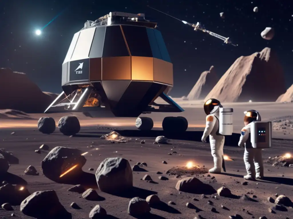 A breathtaking photorealistic depiction of a futuristic asteroid mining facility in space, surrounded by a starry backdrop