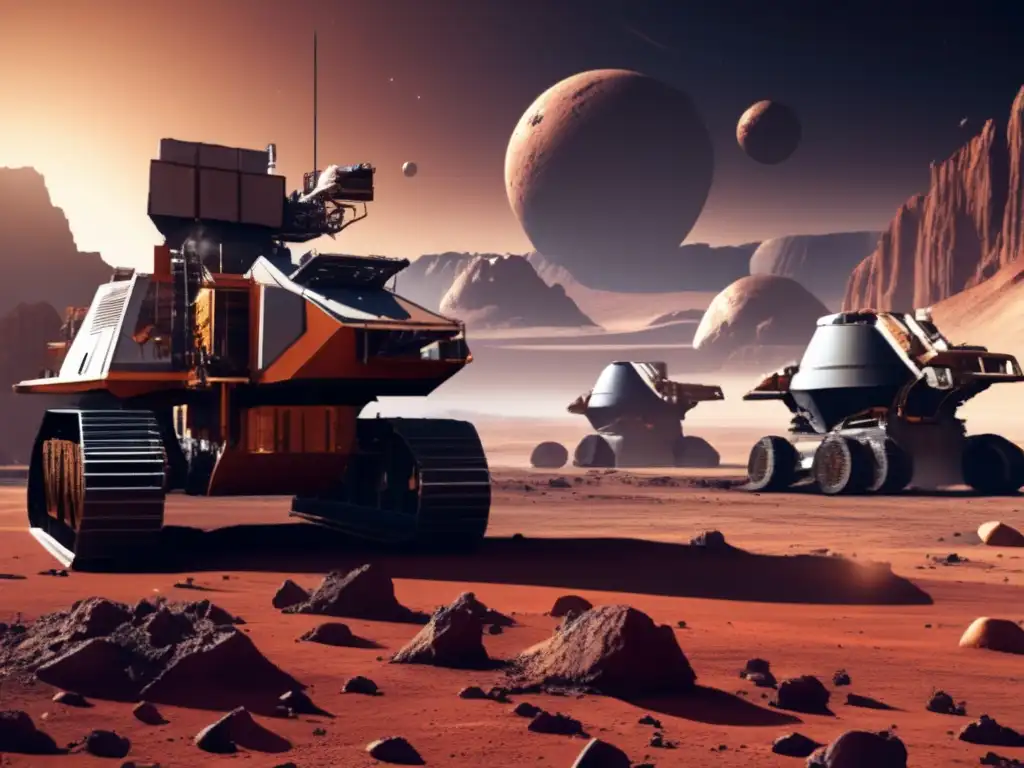 Asteroid Mining's Dark Side on a Desolate Planet--- A photorealistic image of a barren, desolate asteroid mining location on a distant planet, with rusting machinery and equipment crumbling over time due to harsh weather and environmental conditions