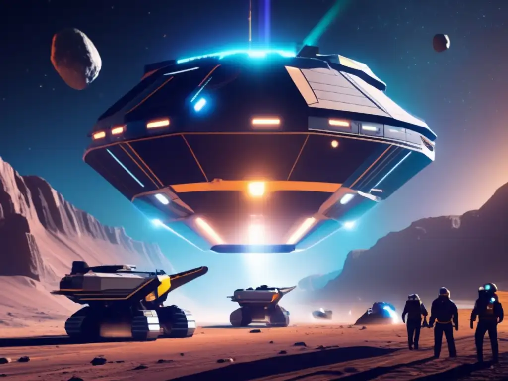 An asteroid mining vessel blasts metals from the surface while hovering against a glowing colony