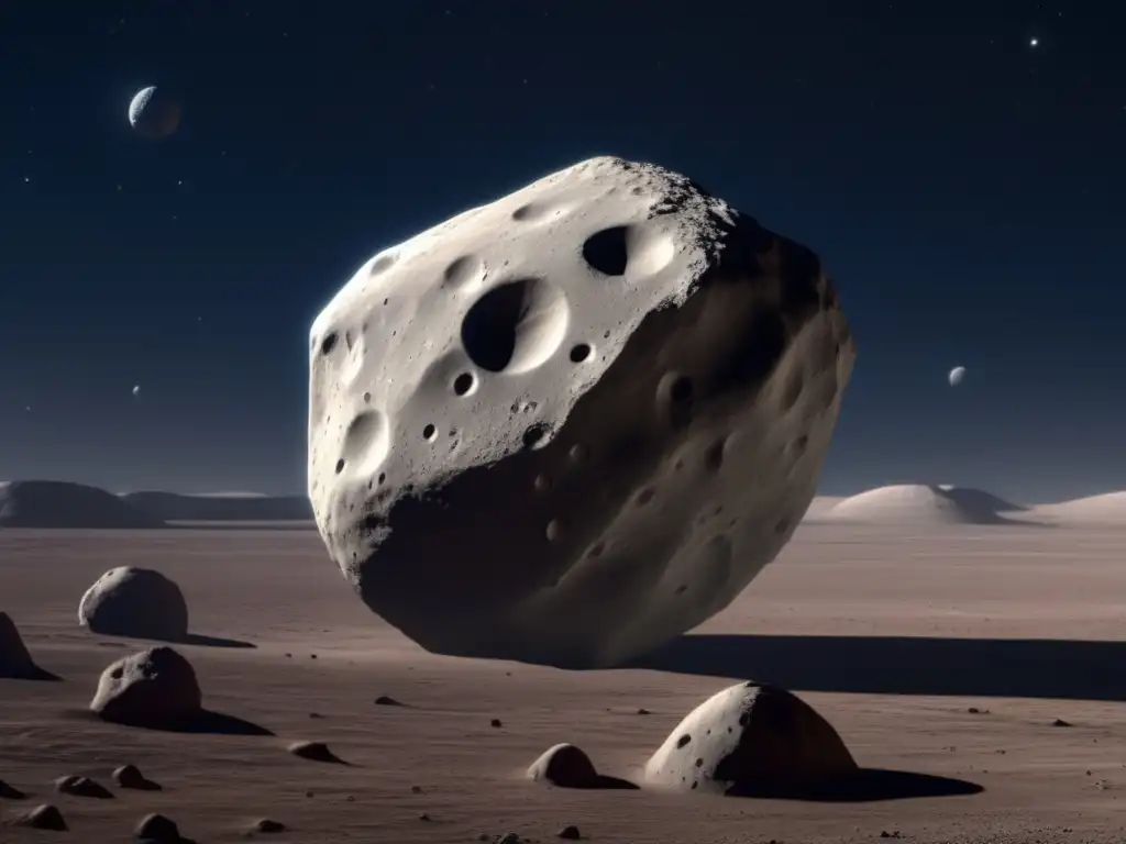 A breathtaking photorealistic image of Astraea asteroid, showcasing its intricate surface details such as craters, ridges, bumps, and dark patches