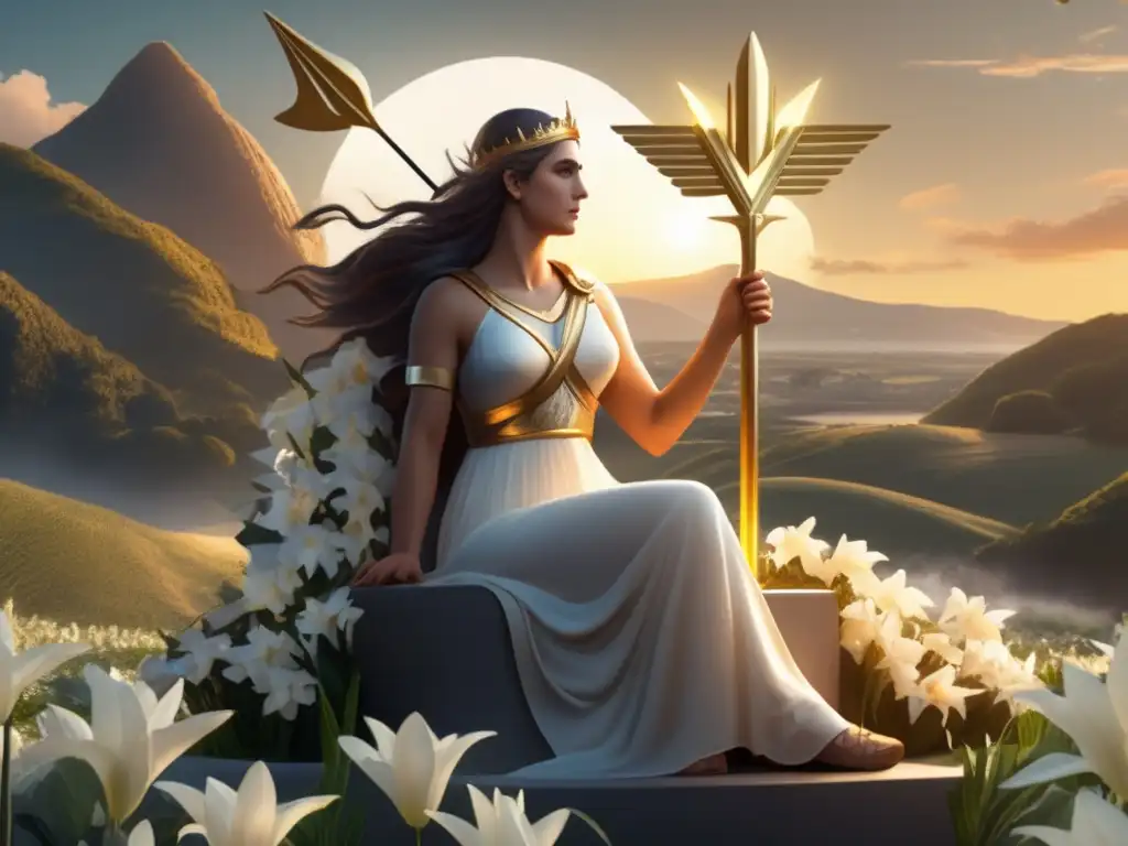 Atragion: The Tragic Icon A photographs of Astraea, the Greek goddess of justice, seat on a throne with a golden arrow piercing her heart, surrounded by a field of white lilies