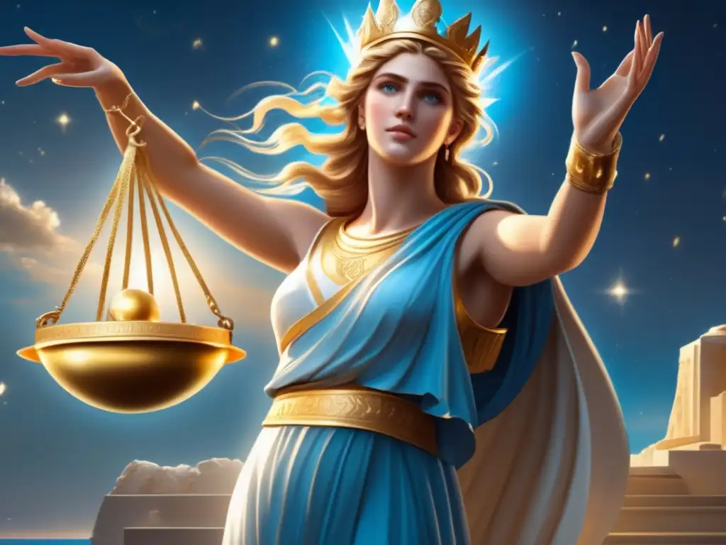 Aegis of Astraea: Celestial Protection in Gold and Blue A closeup of Astraea, the Greek goddess of justice and harmony, with her arms outstretched in protection