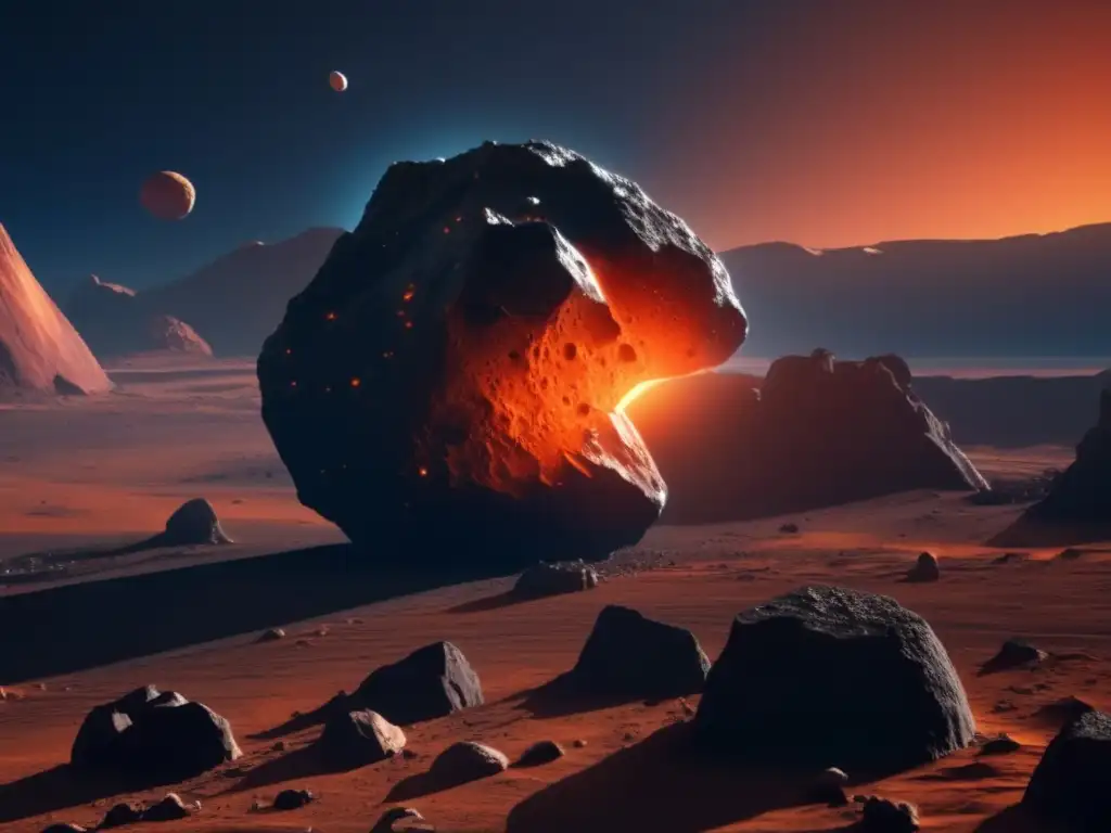 A Traumatic Encounter: Asteroid Astraea Up Close- Photorealistic depiction of Asteroid Astraea, showcasing its rugged terrain and distinct rock formations, captured from a low perspective
