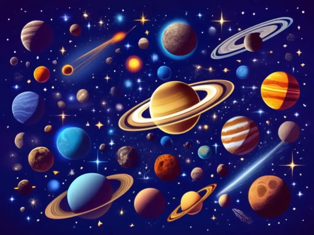 A mesmerizing cosmic canvas adorned with celestial bodies like stars, planets, asteroids, and comets against a deep blue backdrop