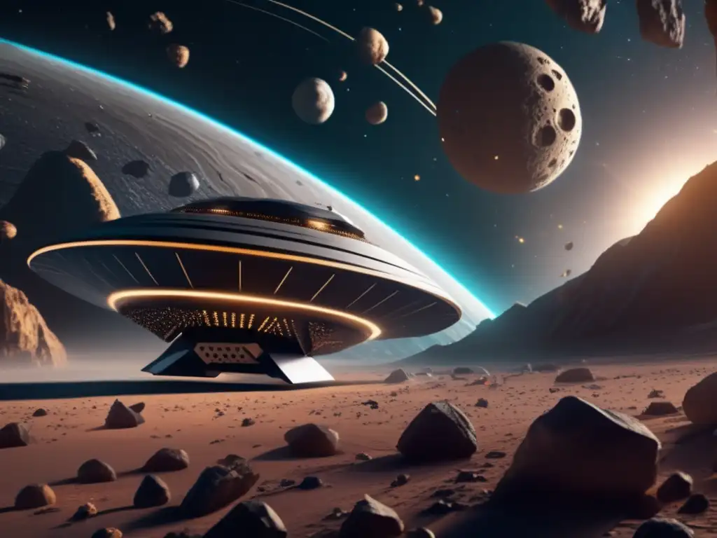 A magnificent photorealistic illustration of a serpentine spacecraft navigating through an awe-inspiring asteroid belt